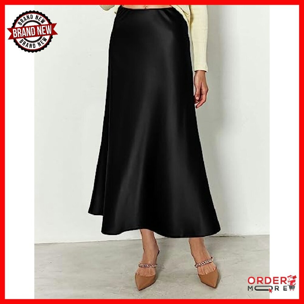 Satin Midi Skirt High Waist Elastic Flowy A-Line Elegant - Picture 6 of 8